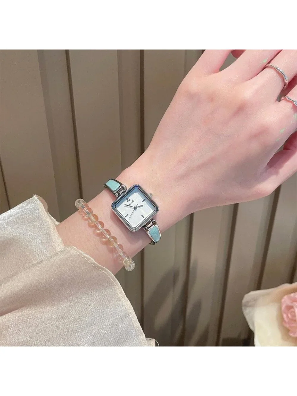Women's Silver Blue Small Minimalist Square Bracelet Classic Quartz Wrist Watch